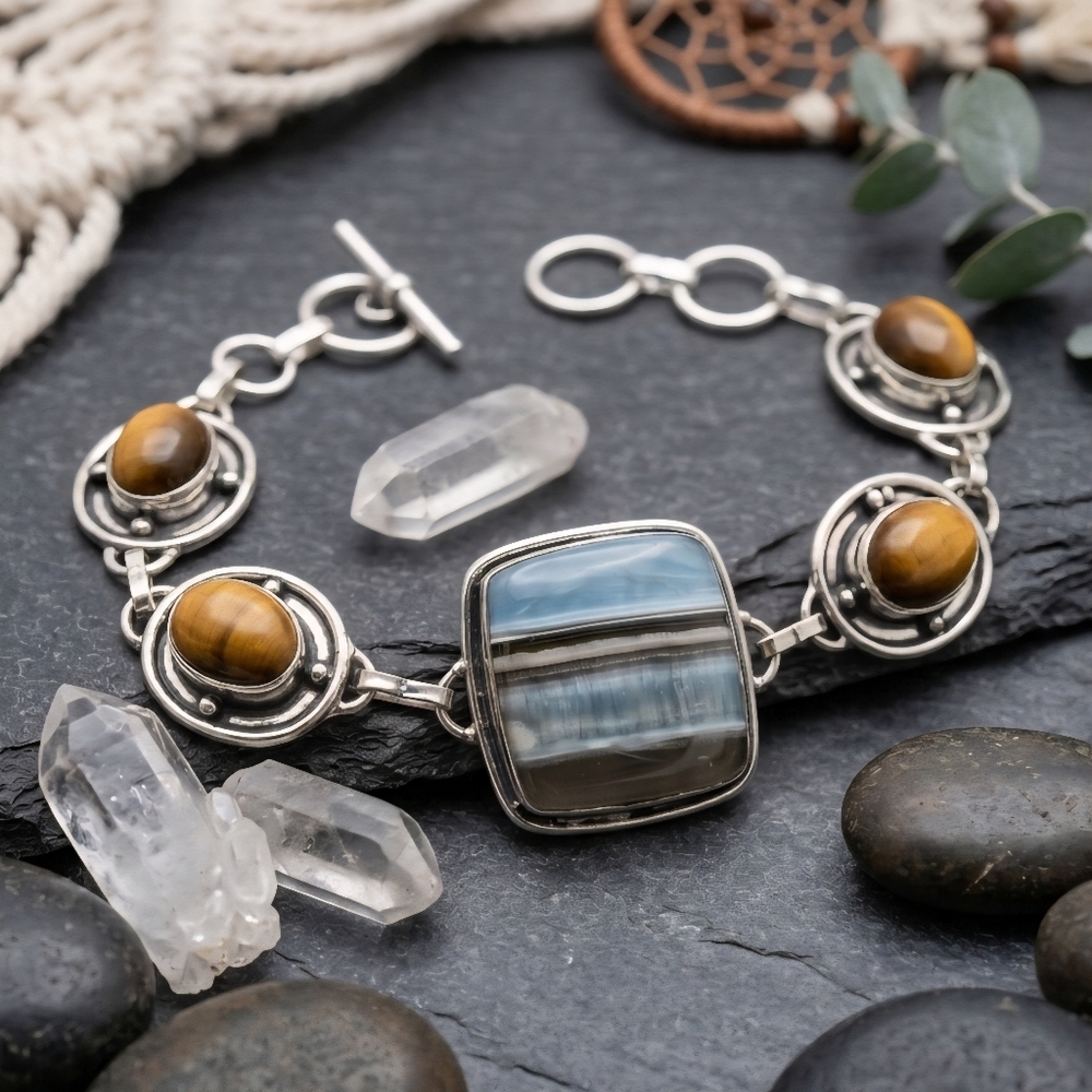 925 Silver Handcrafted Botswana Agate Tigers Eye Gemstone Toggle Boho Bracelet - Picture 11 of 13